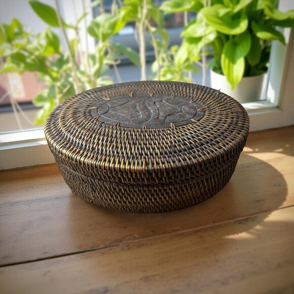 Vintage Rattan and Wood Oval Basket with Inlaid Lid – 8x6 – Handwoven Vanity or - Picture 8 of 8